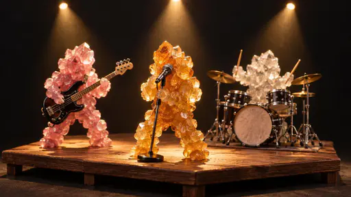 Rock candy: Three sugar-crystal cluster figures performing as a rock band with guitar, bass, and drums on a tiny stage under spotlights.
