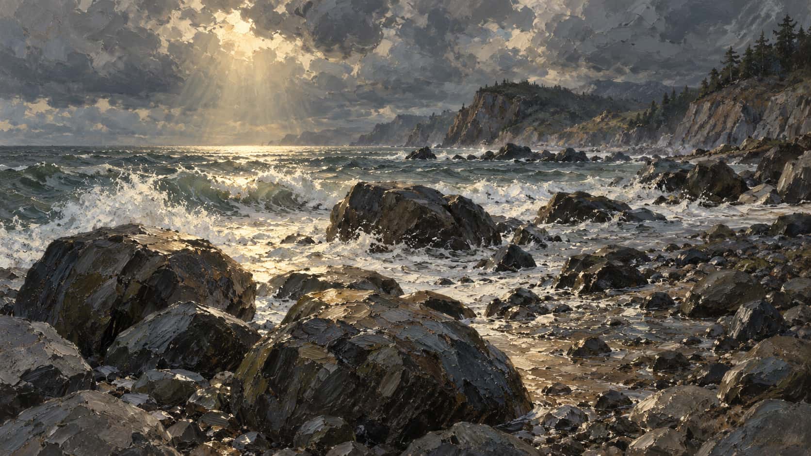 A rocky beach with large dark boulders, white surf and wet pebbles beneath heavy clouds with one shaft of sun on the foam, painted in overlapping facets.