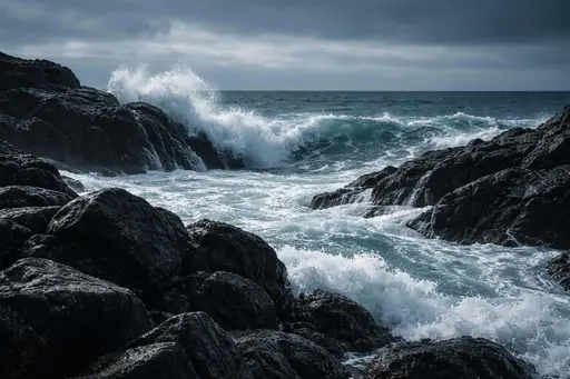Dramatic landscape photograph of a rocky coastline with crashing ocean waves, strong surf and wet stone textures, composed and cropped for a 3:2 frame for poster use.