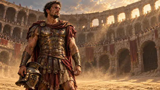 A Roman gladiator in bronze armour holds his iron helmet at his side and gazes intently with a weary heavy gaze in a dusty sunlit arena with sand and stone arches behind him.