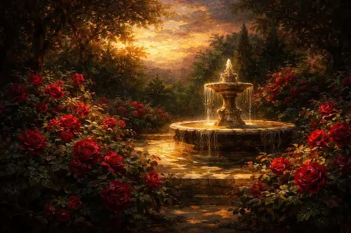Lush twilight romantic garden in a 3:2 oil painting, impasto red roses and dark foliage surround an overflowing marble fountain glowing with warm golden sunset light.
