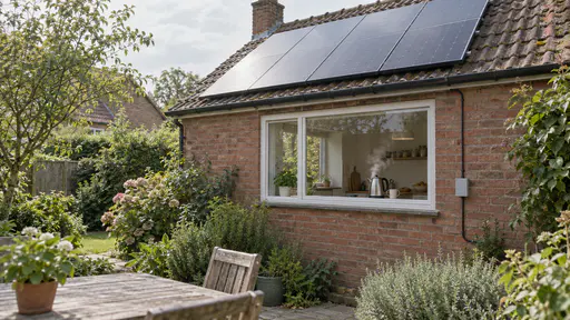 A neat array of dark solar panels on the sloped tiled roof of a small brick house sits above a kitchen window where a steaming kettle and a mug stand on the worktop in bright morning sun.