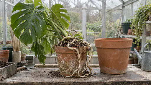 A terracotta pot on a potting bench has thick white roots pushing out through its drainage hole and over the rim with the plant leaning to one side beside a larger empty pot in bright greenhouse light.