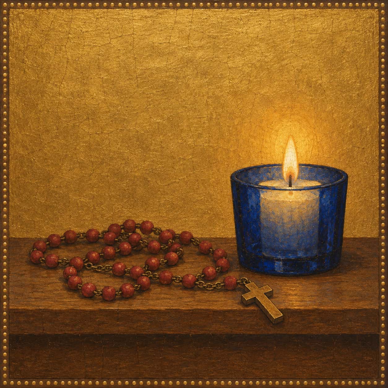 A muted red rosary with a plain cross rests on a narrow wooden shelf beside a lit votive candle in a deep blue glass cup on a burnished gold ground in egg tempera.
