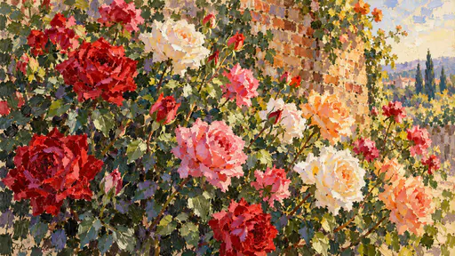 A heavy bush of red, pink, white and apricot roses in many stages of bloom with dark green leaves grows against a weathered brick wall in separate brush touches.