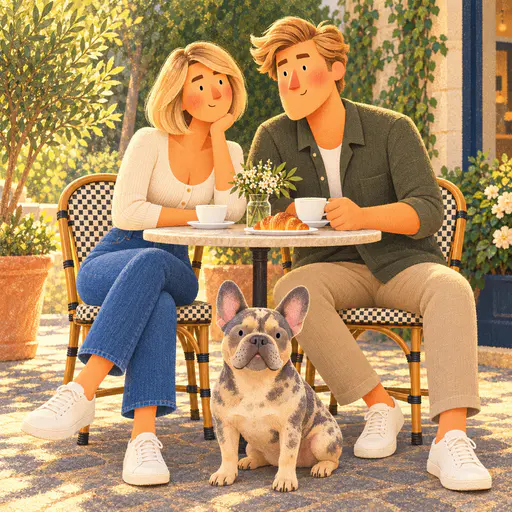 A textured cartoon shows a rosy-cheeked couple at a cafe table with flowers and a croissant and a merle French bulldog in front.
