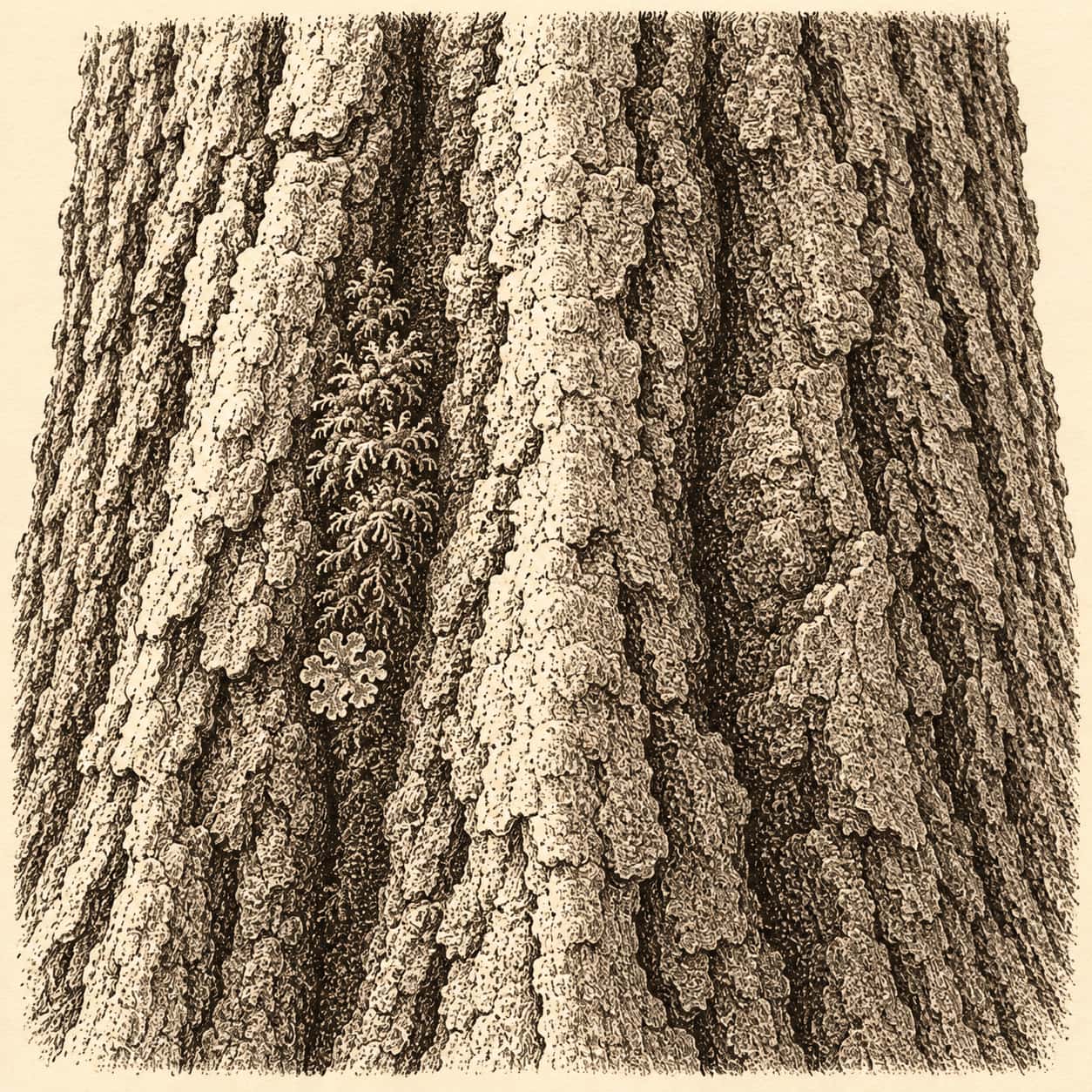 Deep vertical furrows and ridges of rough oak bark with a small patch of moss and a lichen rosette in sepia dot and flick engraving on cream paper.