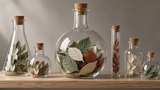 A round-bellied clear glass laboratory flask with a cork stopper on a pale wooden shelf holds a loose pile of cut paper leaves in pale green, cream and rust with visible vein folds resting against the glass.