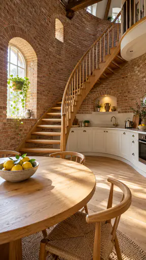 A round ground floor kitchen in a converted brick windmill has a curved built in worktop, a narrow spiral wooden stair, an arched window and an oak table with a bowl of lemons.