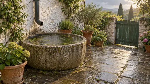 A round stone rain basin about a metre wide sits in the corner of a small whitewashed courtyard garden under a downpipe, filled with still rainwater and a few floating green leaves, damp stone around it in soft overcast light.
