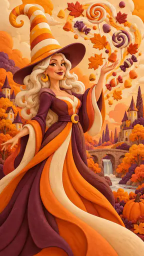An adult candy corn witch in a striped orange, yellow and white hat and dress casts a spell that turns autumn leaves into lollipops, gumdrops and wrapped candies swirling in the air.