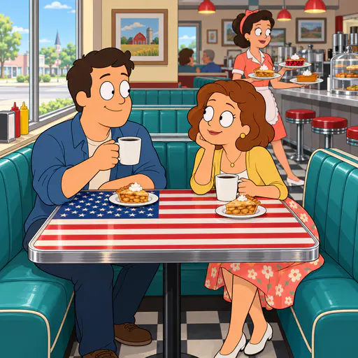 Adult couple at a diner booth with a flag inlaid table and pie plates in morning light. Thirteen stripes and a neat canton face the open road.