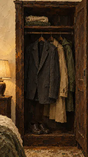 An open dark wood wardrobe holds a row of jackets, a charcoal wool jacket before a tan trench and a green parka, with a folded sweater above and shoes below in layered wax paint.