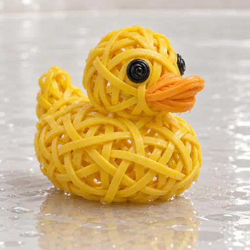 Rubber duck: a duck-shaped figure built from tightly interwoven yellow rubber bands, the loops forming its rounded body, beak, and small raised tail, sitting above a wet reflective surface in soft light.