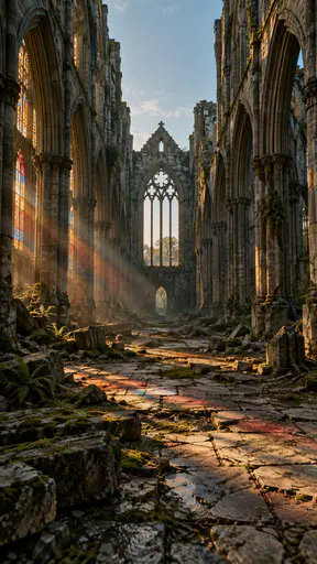 The roofless nave of a ruined gothic cathedral in one-point symmetry, tall pointed arches receding to an empty tracery window, shafts of red, blue and amber light across a cracked mossy stone floor with fallen masonry and ferns.