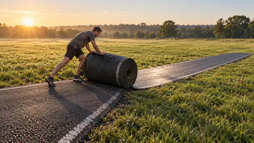 Going the extra mile: a surreal side three-quarter sports photograph in low morning sunlight, where a runner bends at the abrupt end of a short asphalt road and pulls a heavy roll of the same asphalt forward, unrolling a fresh stretch of road continuously onto the grass beyond the old stopping…