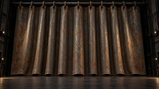 Iron curtain: a heavy theatre safety curtain made entirely of solid rusted iron, hanging in deep vertical folds like drapery but rigid and metallic, suspended from thick cast-iron rings clamped to a blackened overhead bar in a dark unlettered stage interior under low raking light.
