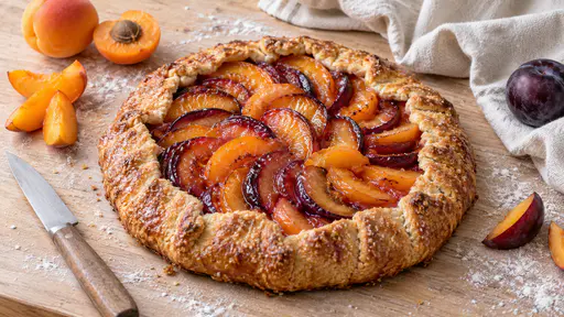 A rustic galette with a golden pleated crust and sugar crystals, filled with overlapping rings of glazed apricot and plum slices, on a floured wooden board with a paring knife, loose fruit slices and a folded linen cloth.