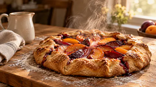 A free-form galette of plums and apricots with a pleated glazed crust and bubbling juices on a floured board, steam rising against a window glow, a pitcher and linen at the left.