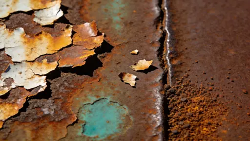 Close-up macro photograph of a rusty metal surface with peeling paint, layered patina and flaking rust textures composed for a 16:9 wallpaper or background.
