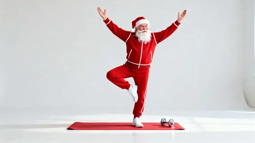 Full-figure Santa attempting a yoga tree pose on a red mat in a high-key, humorous commercial photo with lots of negative space, soft even light, and one chrome dumbbell.