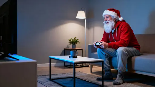 Santa Claus, an older white man with a long white beard and cheerful smile, sits sideways on a low sofa in a cozy minimalist living room at night, leaning forward with a wireless controller as cool blue TV light reflects on his face.