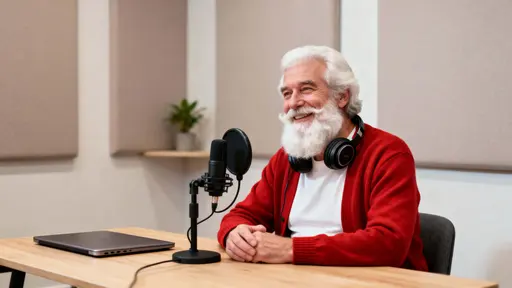 Santa Claus, an older white man with a long white beard, sits in a cozy minimalist recording studio at a wooden table with a microphone, headphones, laptop, neutral panels, and warm light.