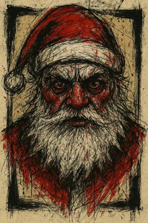 Close-up bust of Santa in a neo-expressionist poster style, rendered with aggressive charcoal-like lines, crimson splashes, jagged white beard strokes, ink-smeared eyes, dirty beige backdrop and oversized black rectangles.