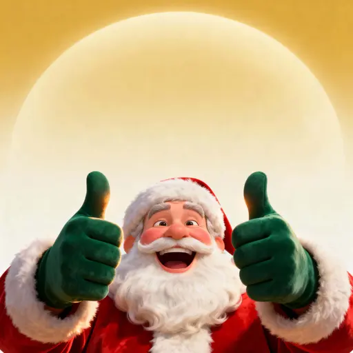 A square, cinematic close-up of Santa from just below the chest with a warm, smooth 3D-illustrative style, leaning in laughing with two thumbs-up toward the viewer and wide, calm copy space above.
