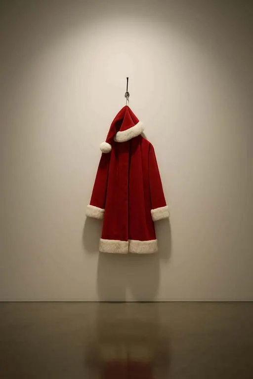 A conceptual gallery photograph of a bright red Santa coat and hat hung on a single minimalist metal hook centered on a large off-white wall, polished concrete floor faintly reflecting a silhouette and soft diffused overhead light creatinga