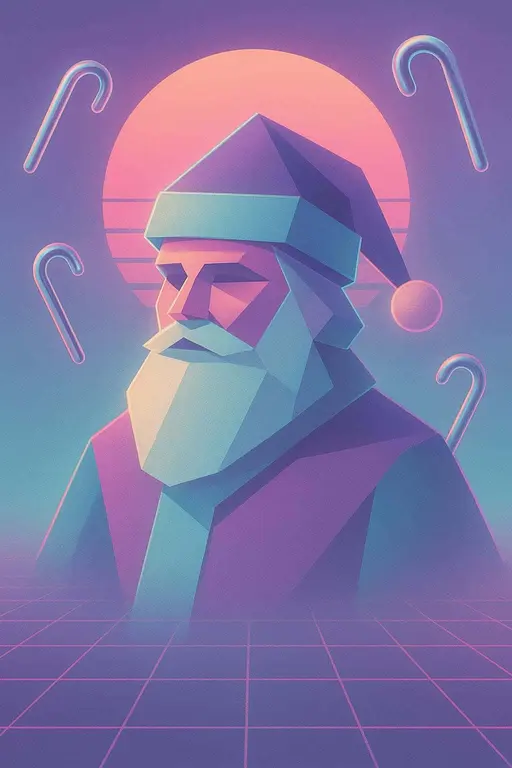 Geometric vaporwave portrait of Santa formed from flat triangles and circles with pastel mauve and teal planes, a sunset disk halo behind his head, floating chrome candy-canes and a receding grid floor in a 2:3 portrait crop.