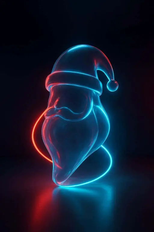 A smooth translucent 3D glass sculpture of Santa’s silhouette with hat and beard fused, wrapped and pierced by vivid red and icy blue neon tubes in a dark gallery, refracting glowing streaks and soft color pools on a matte floor with subtle