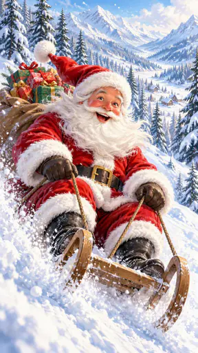 Santa Claus in a red suit rides a wooden sled down a snowy hill with his white beard flying and a sack of gifts behind him among pine trees and falling snow.
