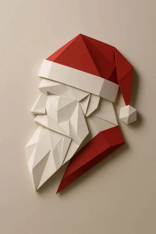 Contemporary sculptural relief of Santa’s profile formed from folded white and red paper planes mounted on a neutral wall, with sharp architectural edges and soft gallery-side shadows.