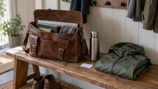 On a wooden hallway bench in cool early light a brown leather satchel stands open with a blank plain transit pass, a steel thermos and a folded green rain shell laid out beside it with a row of coat pegs on the wall above.