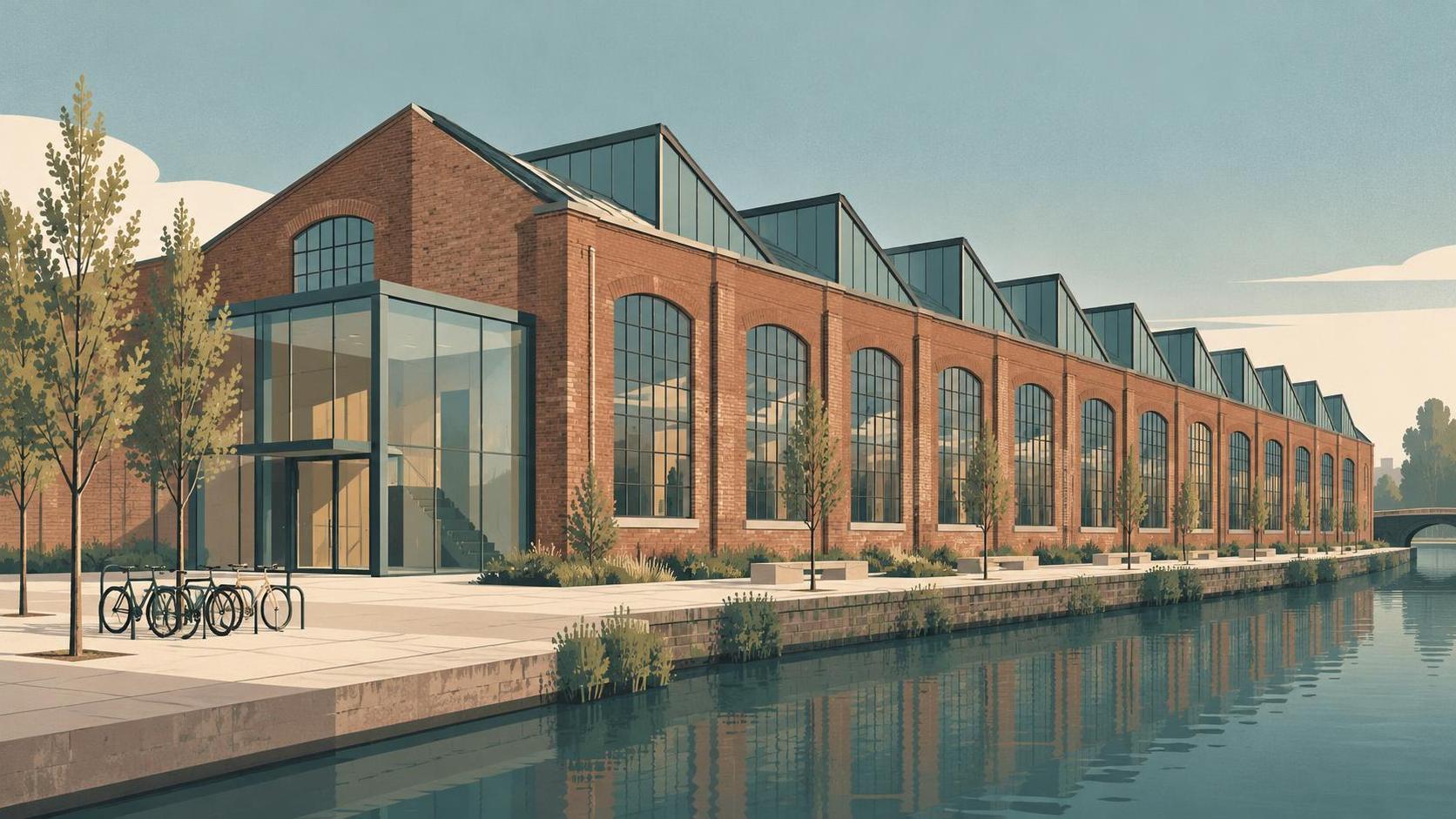 A saw tooth roofed brick textile mill converted into offices and workshops, with tall arched windows, a glass entrance box, a canal towpath, bicycles and young trees.