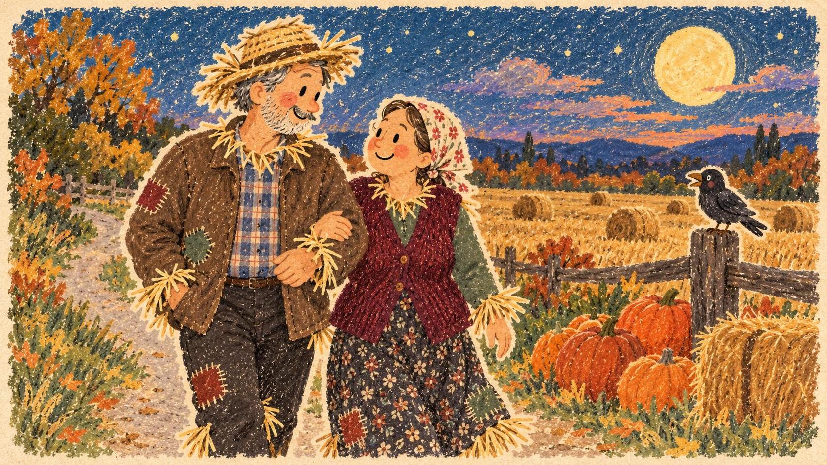 A couple dressed as scarecrows stand arm in arm in a golden cornfield at dusk with a friendly crow on a fence post, stacked pumpkins, hay bales and a harvest moon.