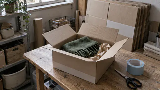 A medium brown cardboard box open on a wooden packing bench holds a folded green wool scarf and crumpled kraft paper with a roll of pale blue packing tape and scissors beside it and flat boxes leaning behind in soft window light, no people.