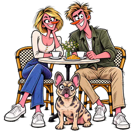 Retro cartoon couple with French bulldog at a cafe table in scratchy ink linework on a transparent background
