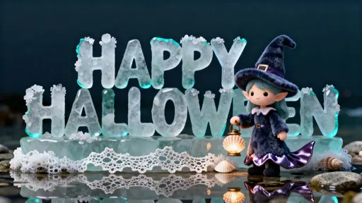 16:9 photo-real 3D render of “HAPPY HALLOWEEN” in frosted sea glass with micro salt crystals and sea-foam lace, a fleece sea-witch at right holding a shell lantern, cool frontal translucency, pale-aqua rim, wet stone reflection, bleed-safe.
