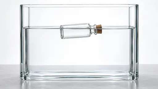 A small sealed empty glass vial with a cork floats on its side across the waterline of a wide clear glass tank of water in front of a bright diffused backdrop.