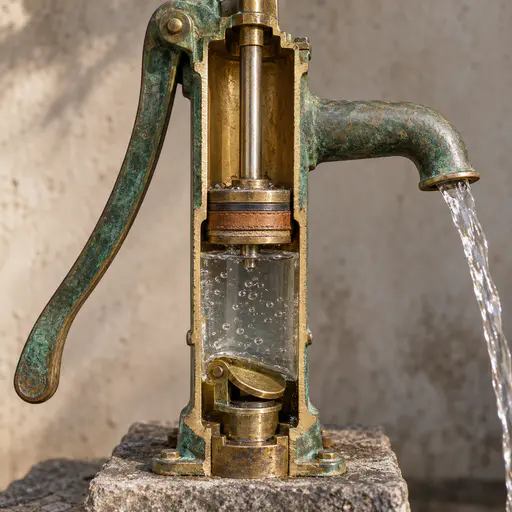 A brass hand pump cut lengthwise to show its cylinder, leather-sealed piston on a steel rod, a brass foot valve flap and water with bubbles below the piston, a green-patinated lever and spout with water falling from it, on a stone base.