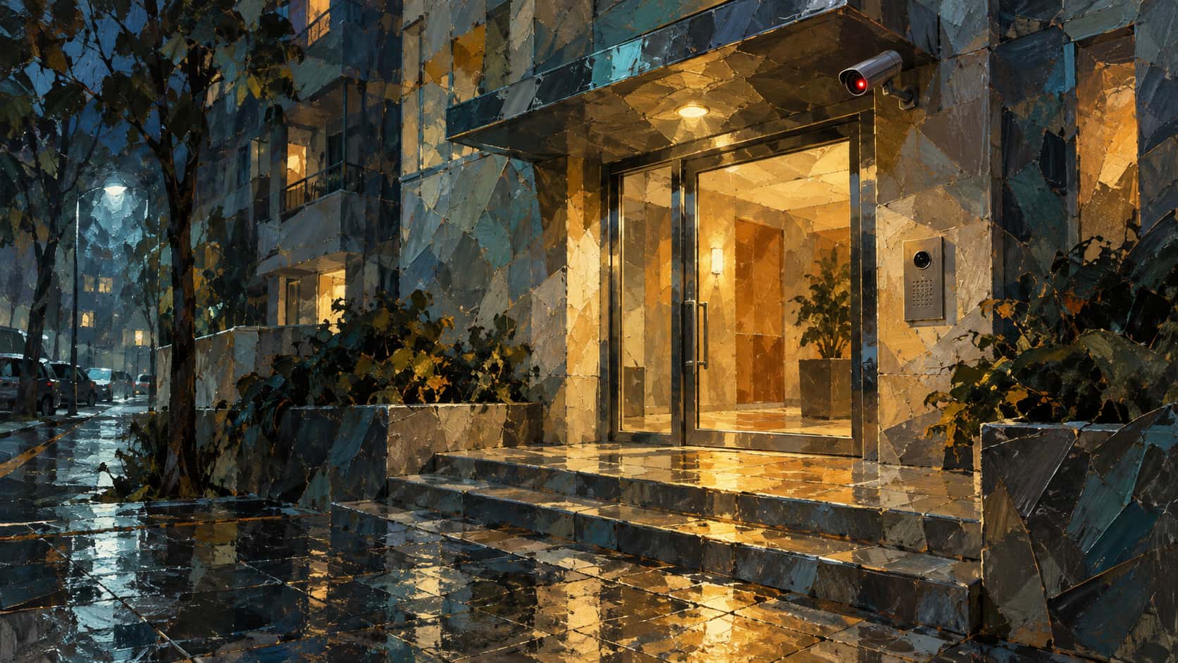 A bullet security camera sits above a glass apartment entrance at night with warm lobby light spilling over wet steps in teal and amber painted facets.