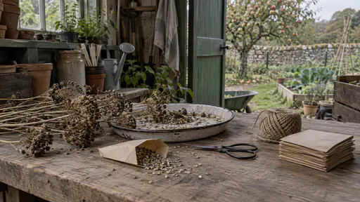 Dried seed heads are cut over a shallow tray on a timber potting shed bench with a blank paper packet being filled with pale seeds beside small scissors, twine and a stack of empty packets in soft side light.