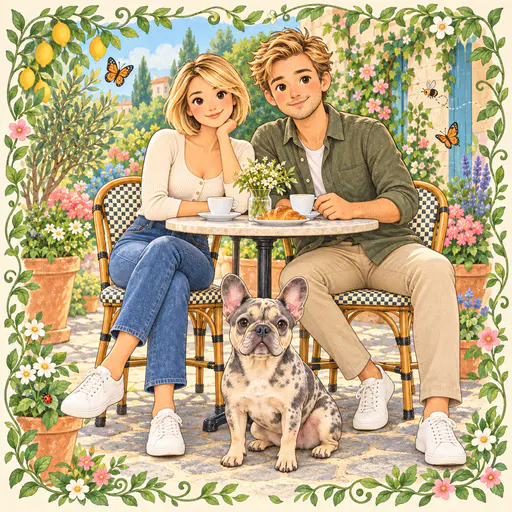 Storybook illustration framed by vines, white blossoms and lemons: a blonde woman with a short bob and a blond man sit at a round marble cafe table with coffee cups, a croissant and flowers, a spotted French bulldog before them, potted flowers and a sunlit garden wall behind.