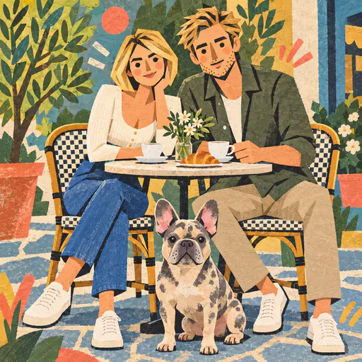 Bold graphic illustration: a blonde woman with a short bob and a blond man sit at a round cafe table with coffee cups, a croissant and daisies, a spotted French bulldog in front, checkered bistro chairs, a red sun and leafy colour blocks around them.