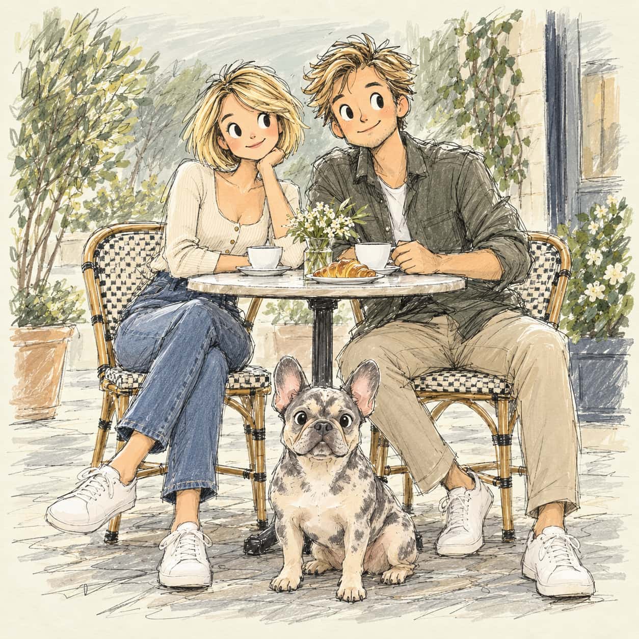 Loose pencil sketch with pale washes: a blonde woman with a short bob and a smiling blond man with simplified rounded eyes sit at a round cafe table with coffee cups, a croissant and a vase of daisies, a spotted French bulldog sitting before them on scribble-shaded paving, grey sky wash above and open cream paper around the scene.