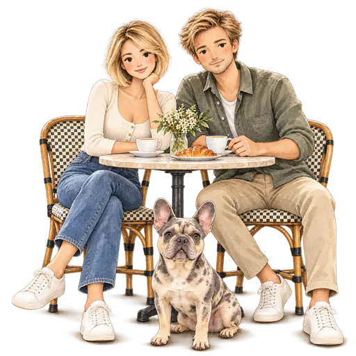 Watercolour illustration of a blonde woman with a short bob and a man at a round cafe table with coffee cups, a croissant and a small vase of flowers, a merle French bulldog sitting in front, painted in soft translucent olive and blue washes with fine ink accents on a transparent background.