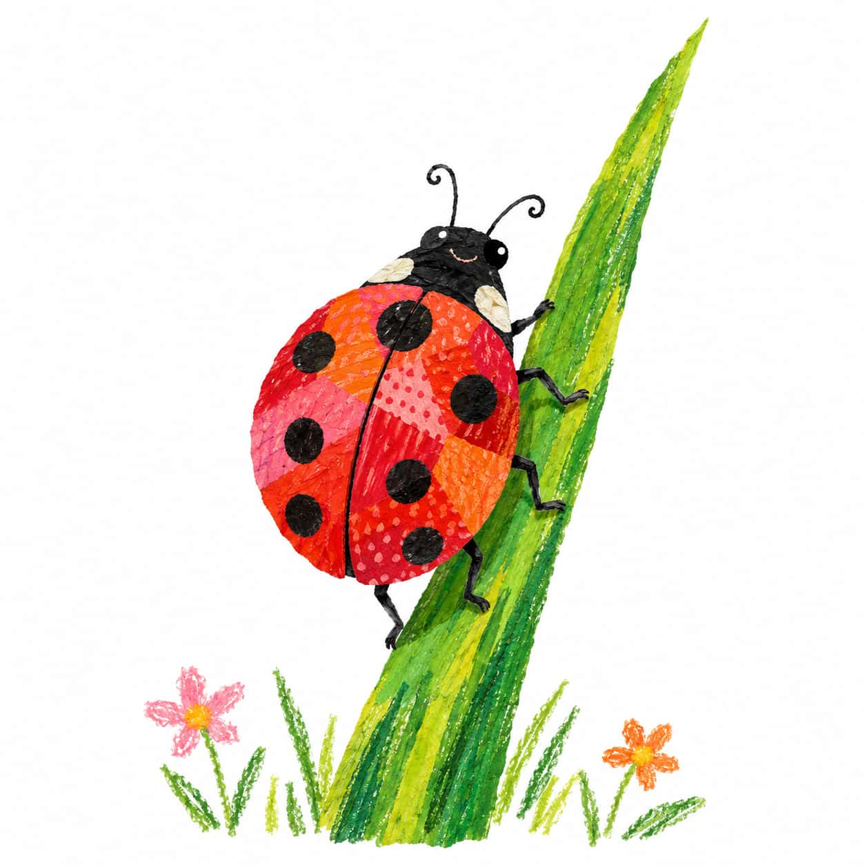 A seven spot ladybird walks up a bright green grass blade in a naive collage of red, orange and pink dry brush patchwork swatches with crayon scribble flowers on an open white ground.