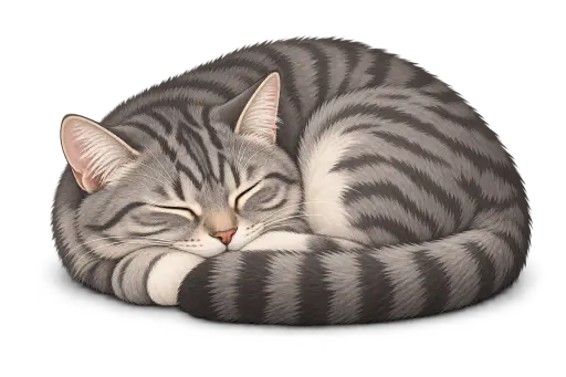 A grey tabby cat curled asleep with a soft contact shadow, transparent background.